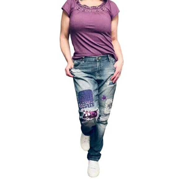 Women's Reworked One Zone Jeans purple tones custom embroidery revamped no holes - Picture 1 of 10
